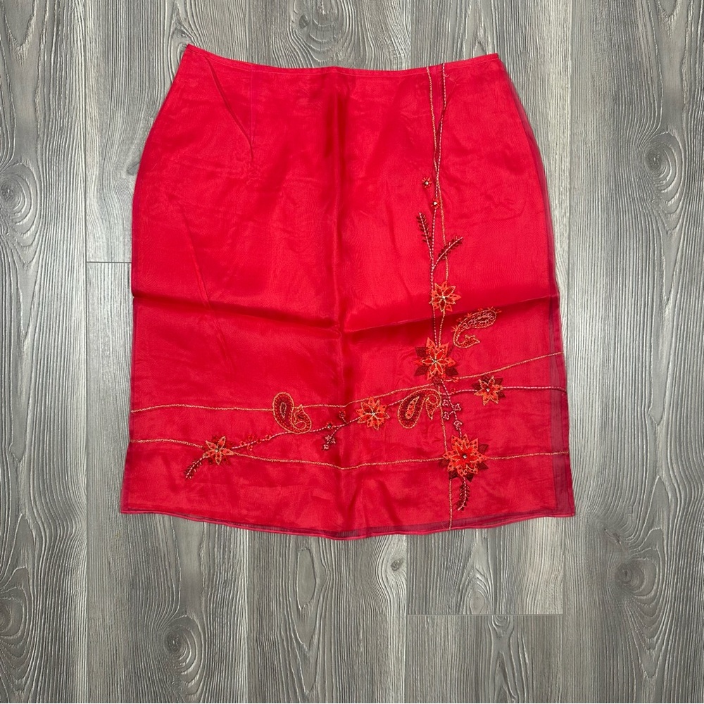 Muse Red Silk Beaded Floral Embroidered Mesh Overlay Skirt Women’s Size 8
